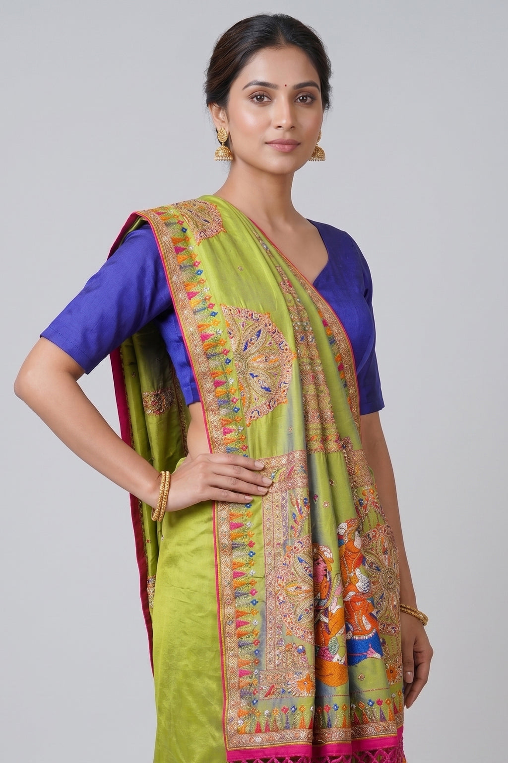 Parrot Green Silk Thread Embroidered Saree