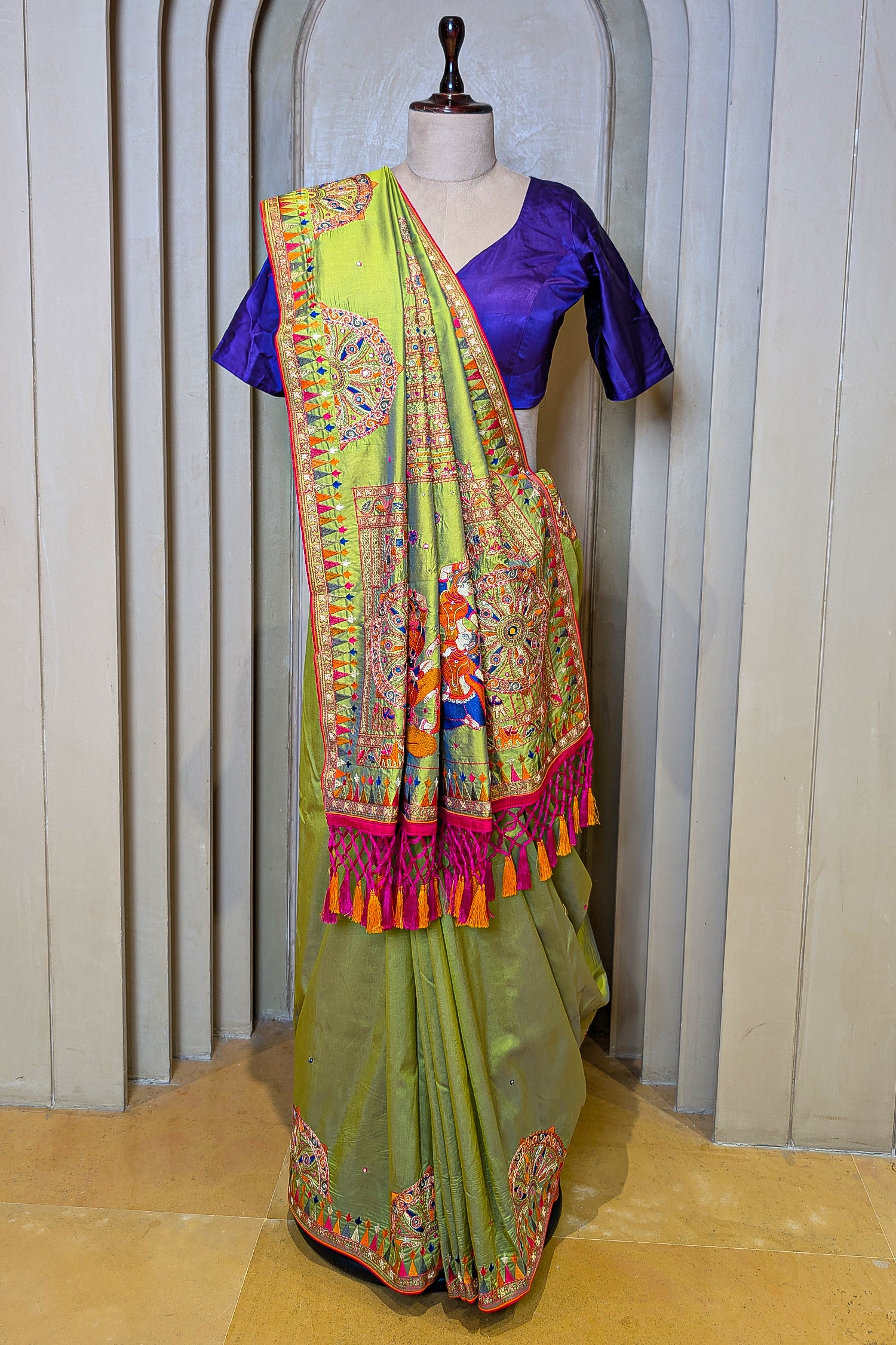 Parrot Green Silk Thread Embroidered Saree