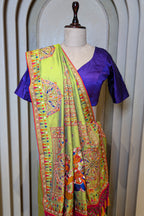 Parrot Green Silk Thread Embroidered Saree