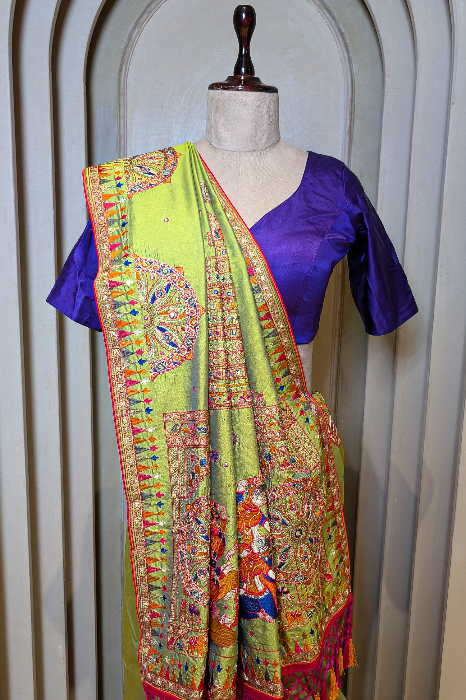 Parrot Green Silk Thread Embroidered Saree