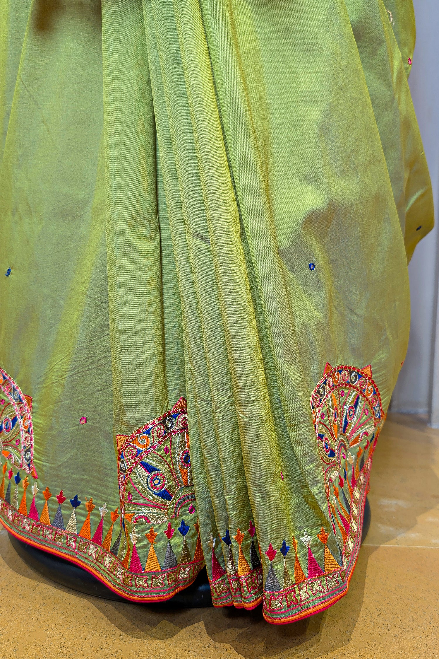 Parrot Green Silk Thread Embroidered Saree