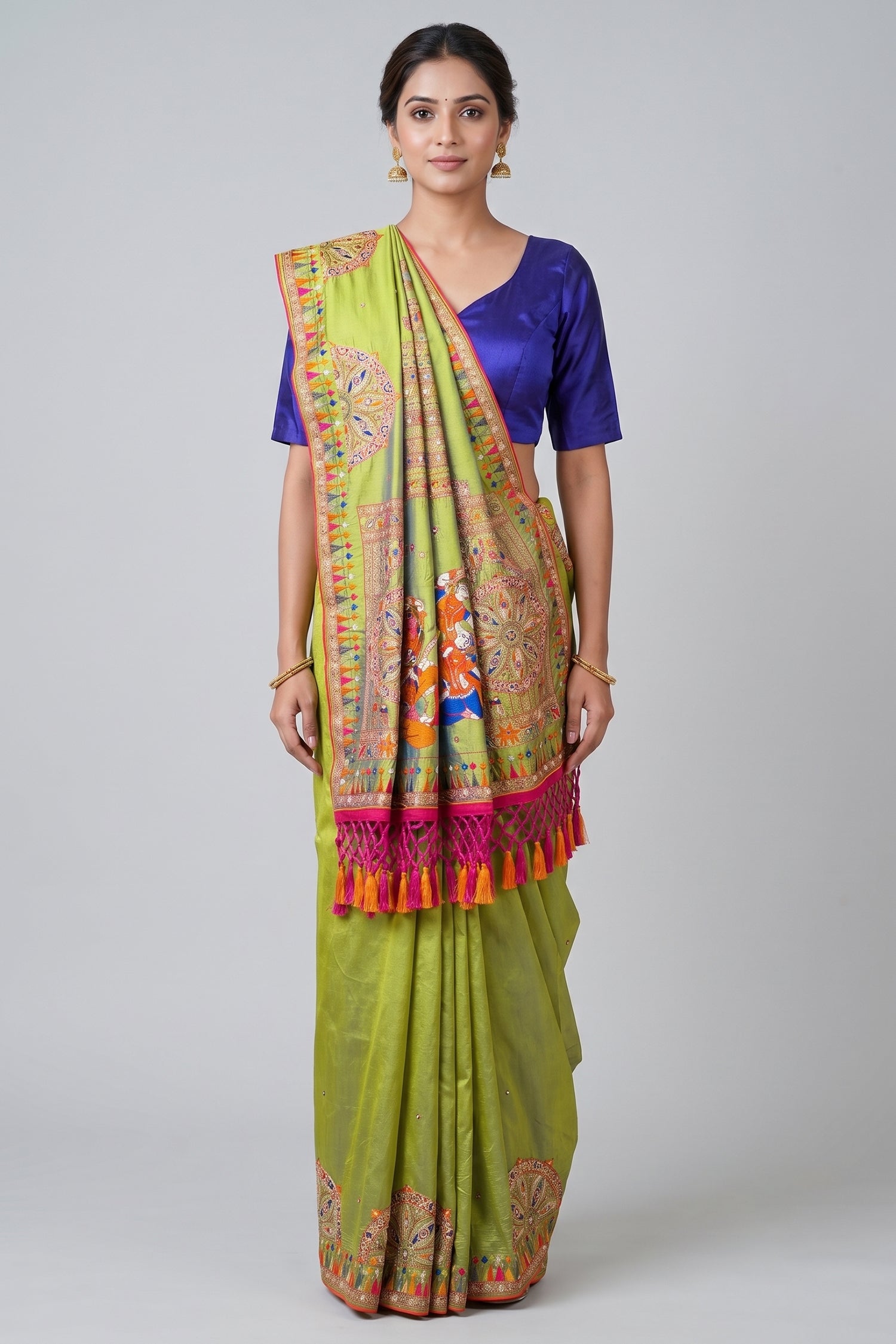 Parrot Green Silk Thread Embroidered Saree Main image