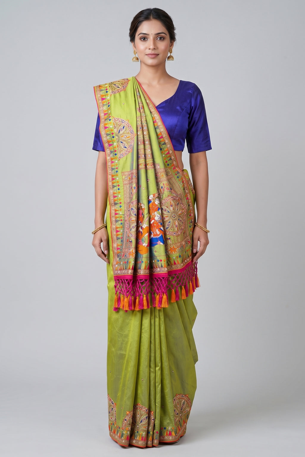 Parrot Green Silk Thread Embroidered Saree