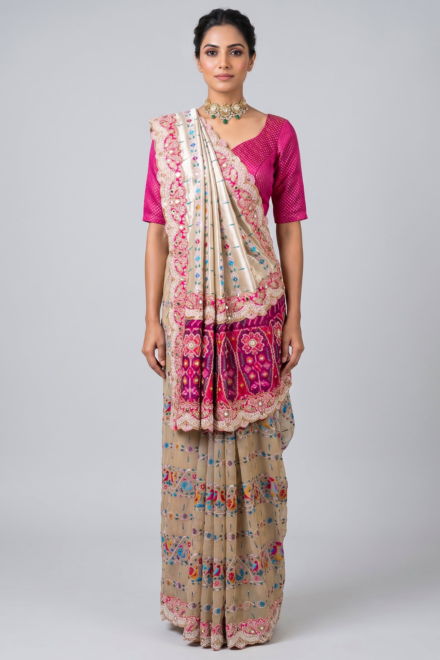 Golden Tissue Traditional Bird Motif Saree with Handwork Patola Pallu and Border