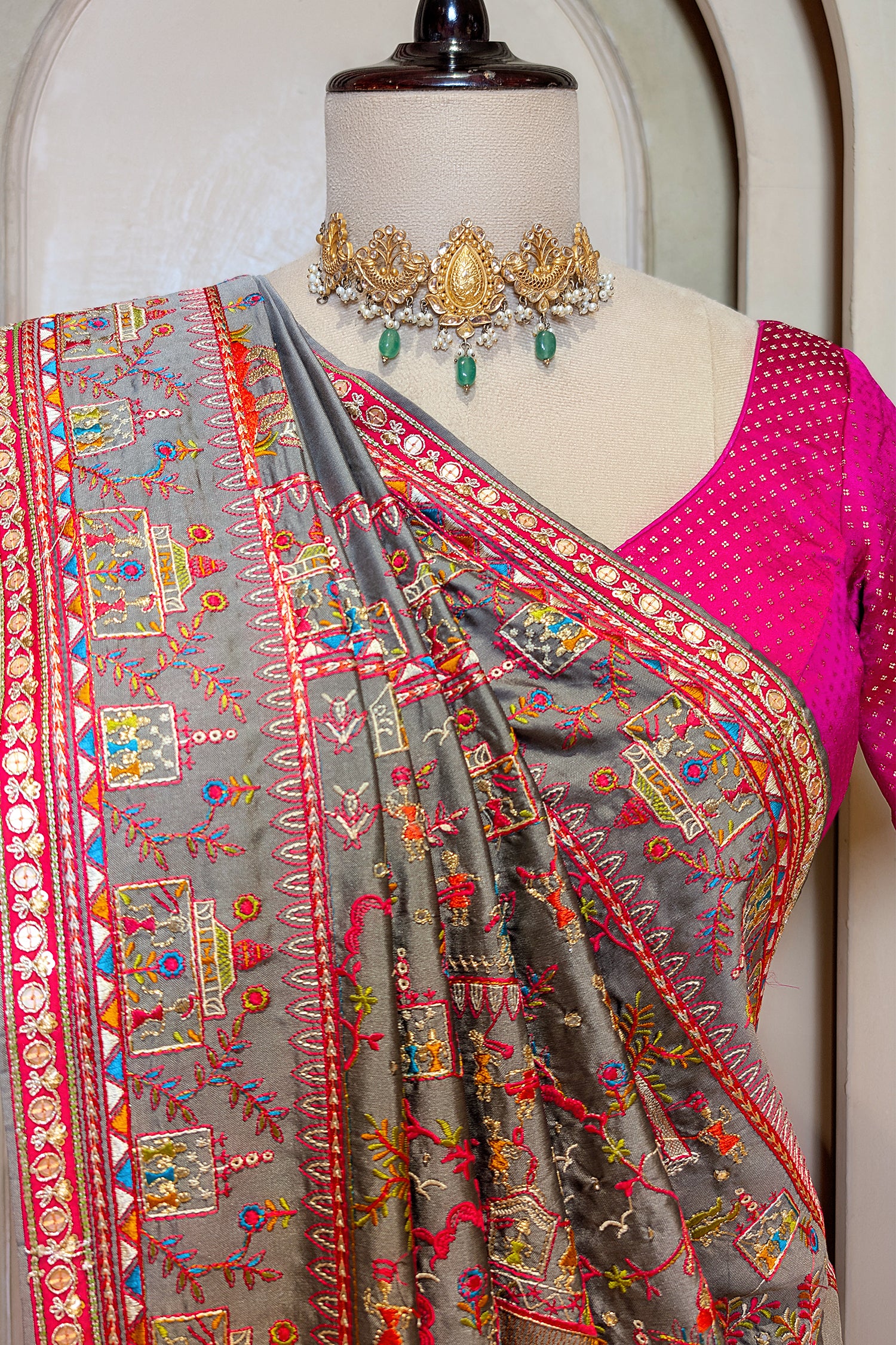Grey Silk Thread Embroidered Saree