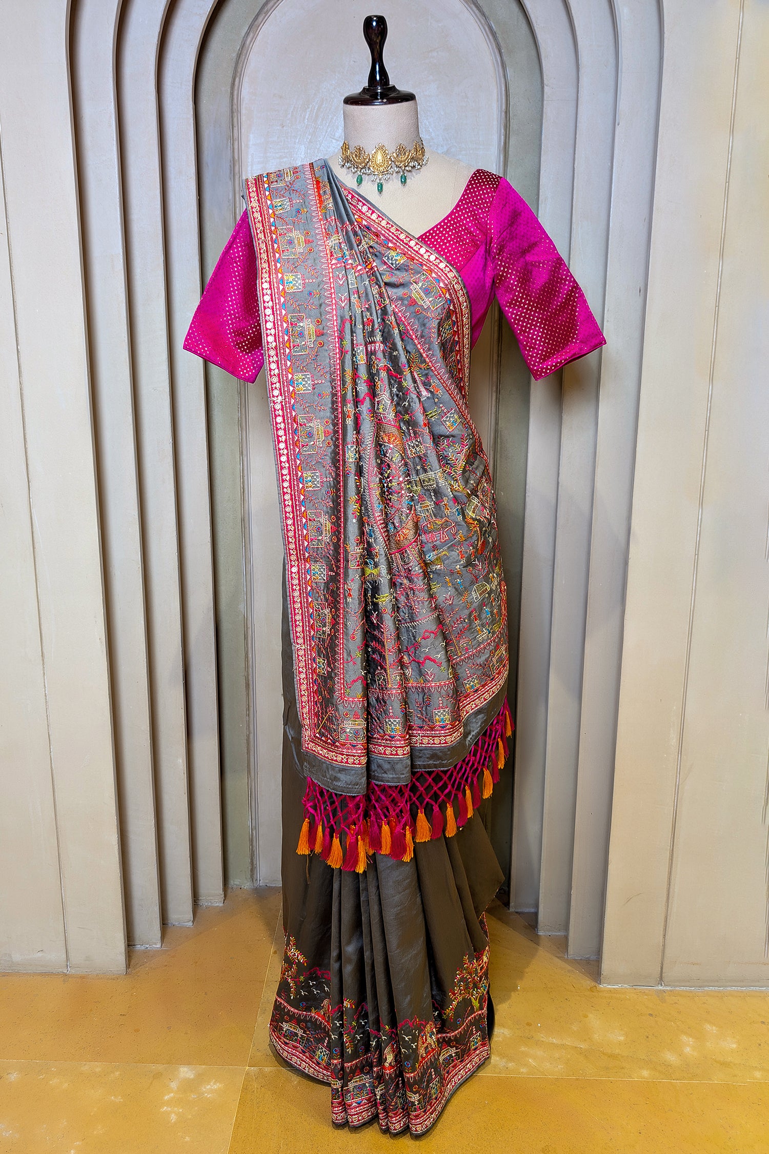 Grey Silk Thread Embroidered Saree
