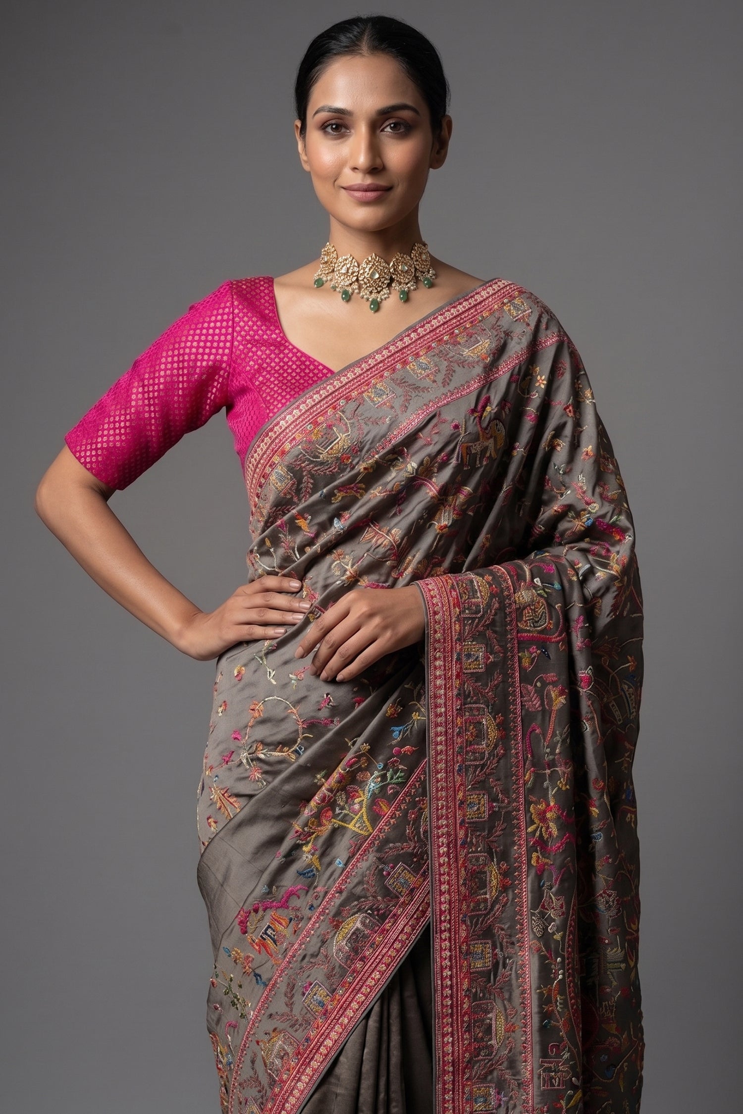 Grey Silk Thread Embroidered Saree Secondary image