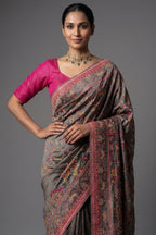 Grey Silk Thread Embroidered Saree