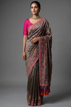 Grey Silk Thread Embroidered Saree