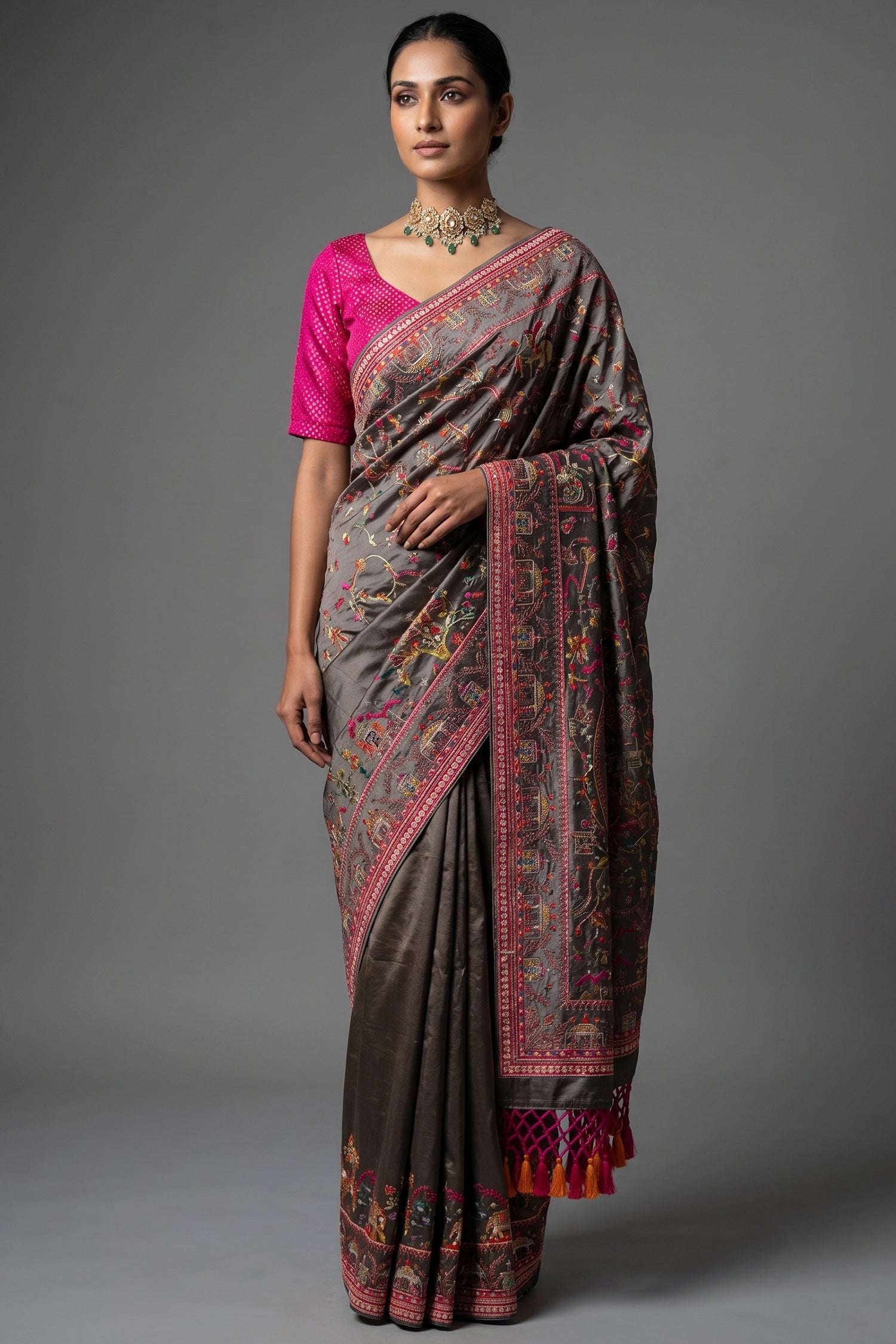 Grey Silk Thread Embroidered Saree