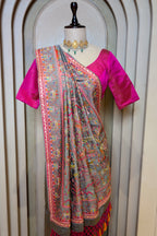 Grey Silk Thread Embroidered Saree