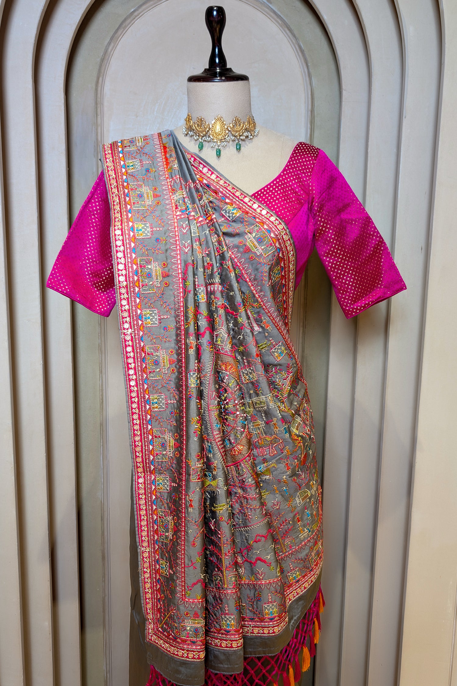 Grey Silk Thread Embroidered Saree
