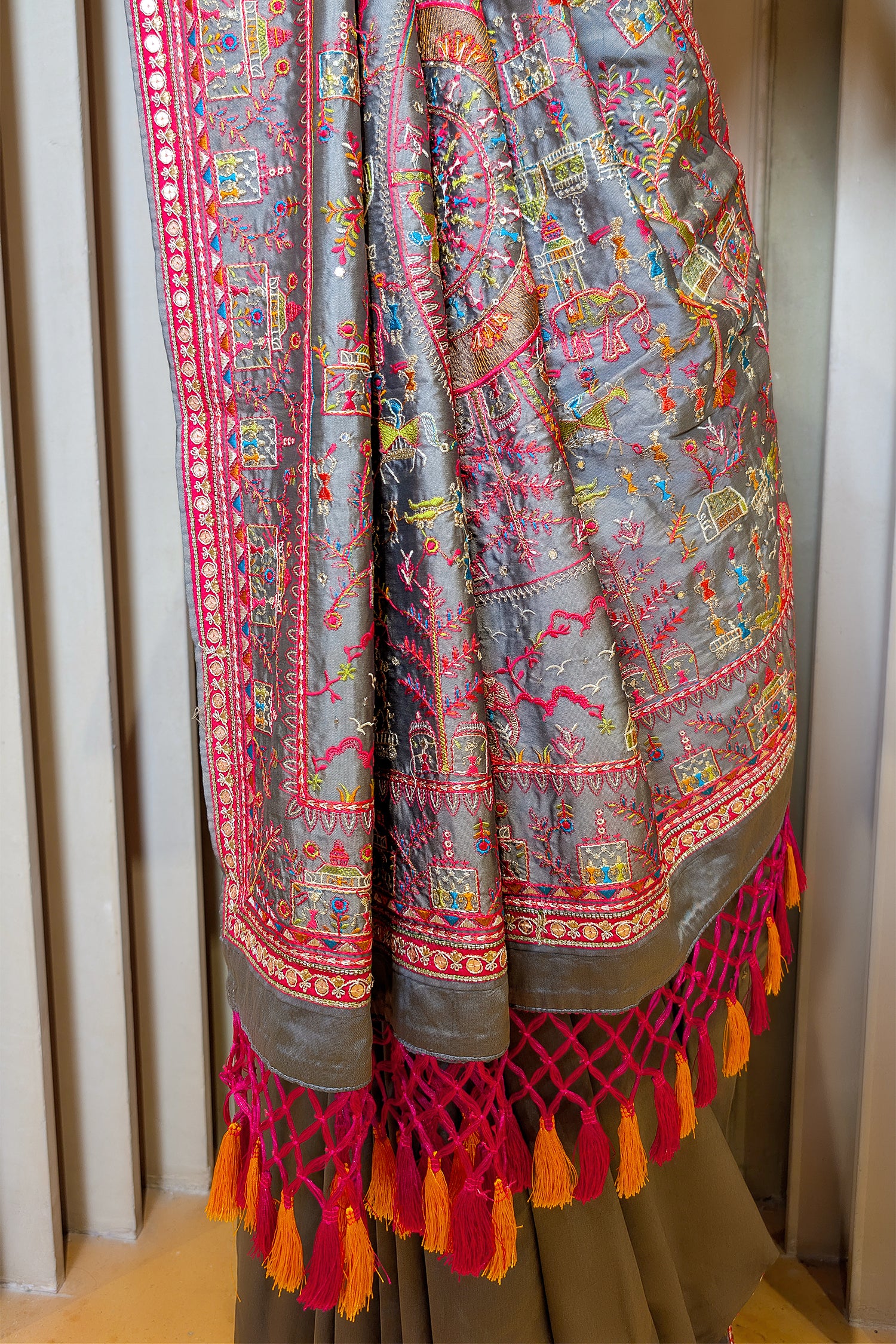 Grey Silk Thread Embroidered Saree