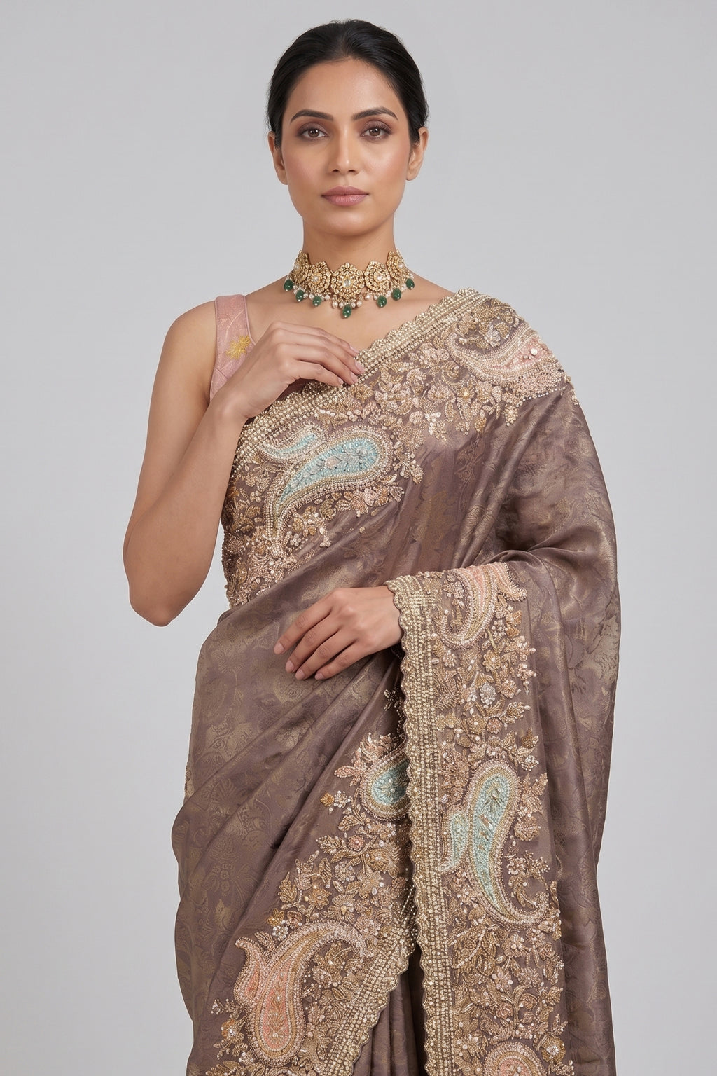 Muave Tissue Floral Woven Saree with Handwork Paisaley Motif Border
