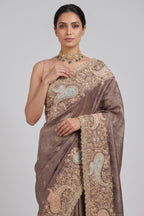 Muave Tissue Floral Woven Saree with Handwork Paisaley Motif Border