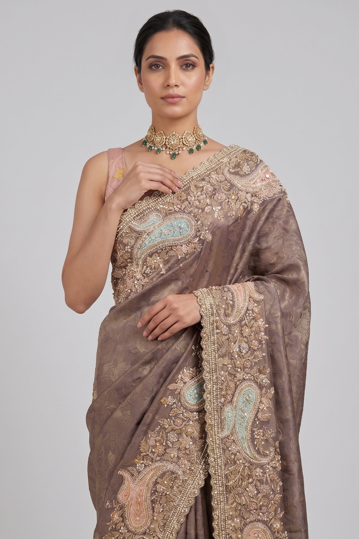 Muave Tissue Floral Woven Saree with Handwork Paisaley Motif Border