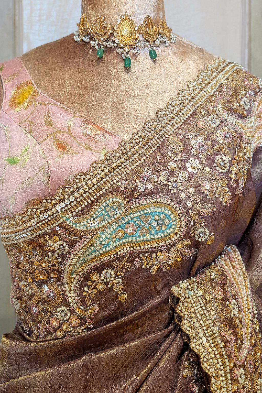 Muave Tissue Floral Woven Saree with Handwork Paisaley Motif Border