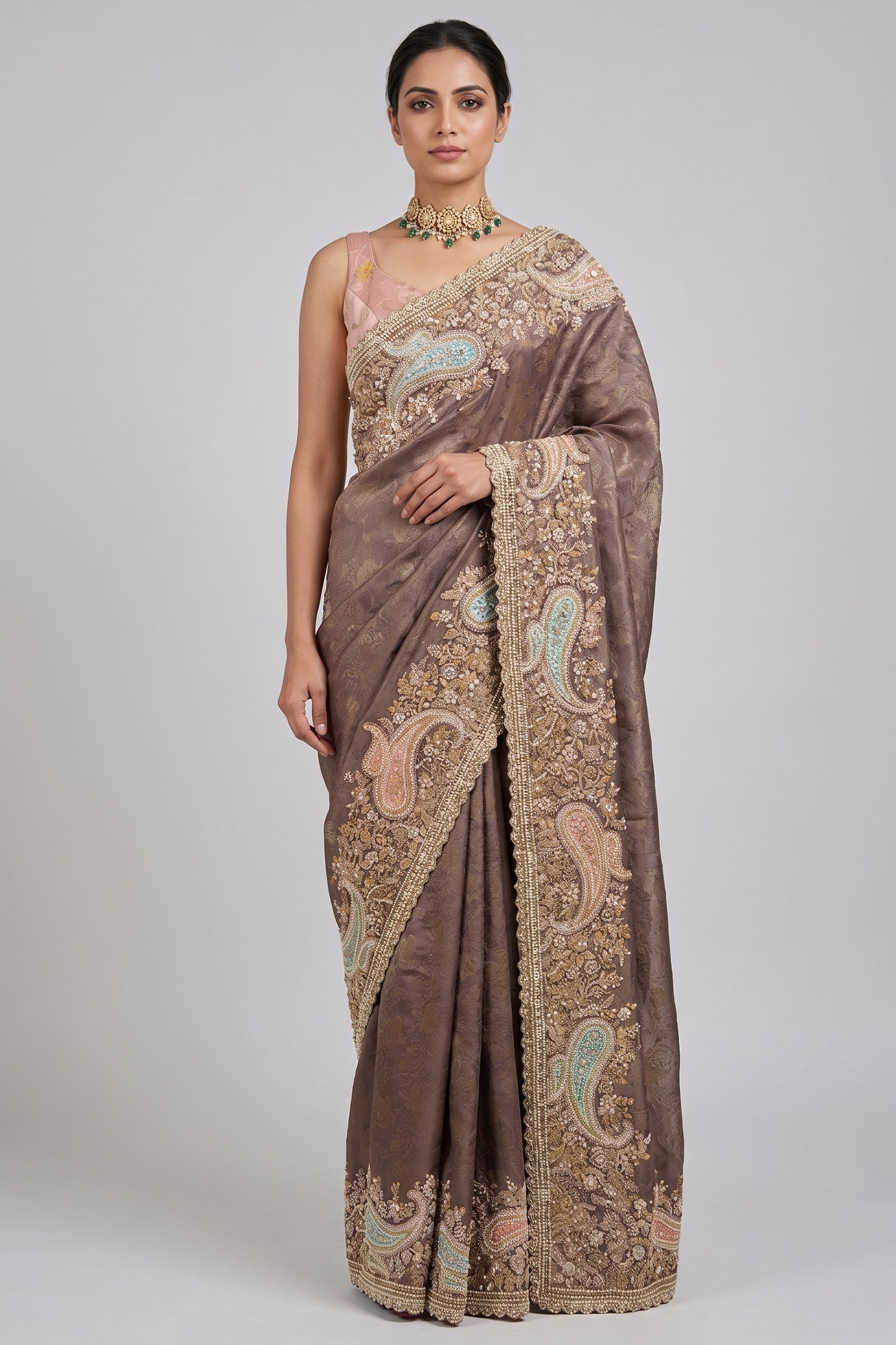 Muave Tissue Floral Woven Saree with Handwork Paisaley Motif Border Main image