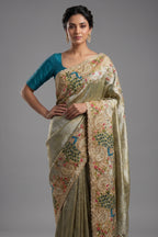 Mint Green Tissue Woven Saree with Handwork Peacock Motif Border