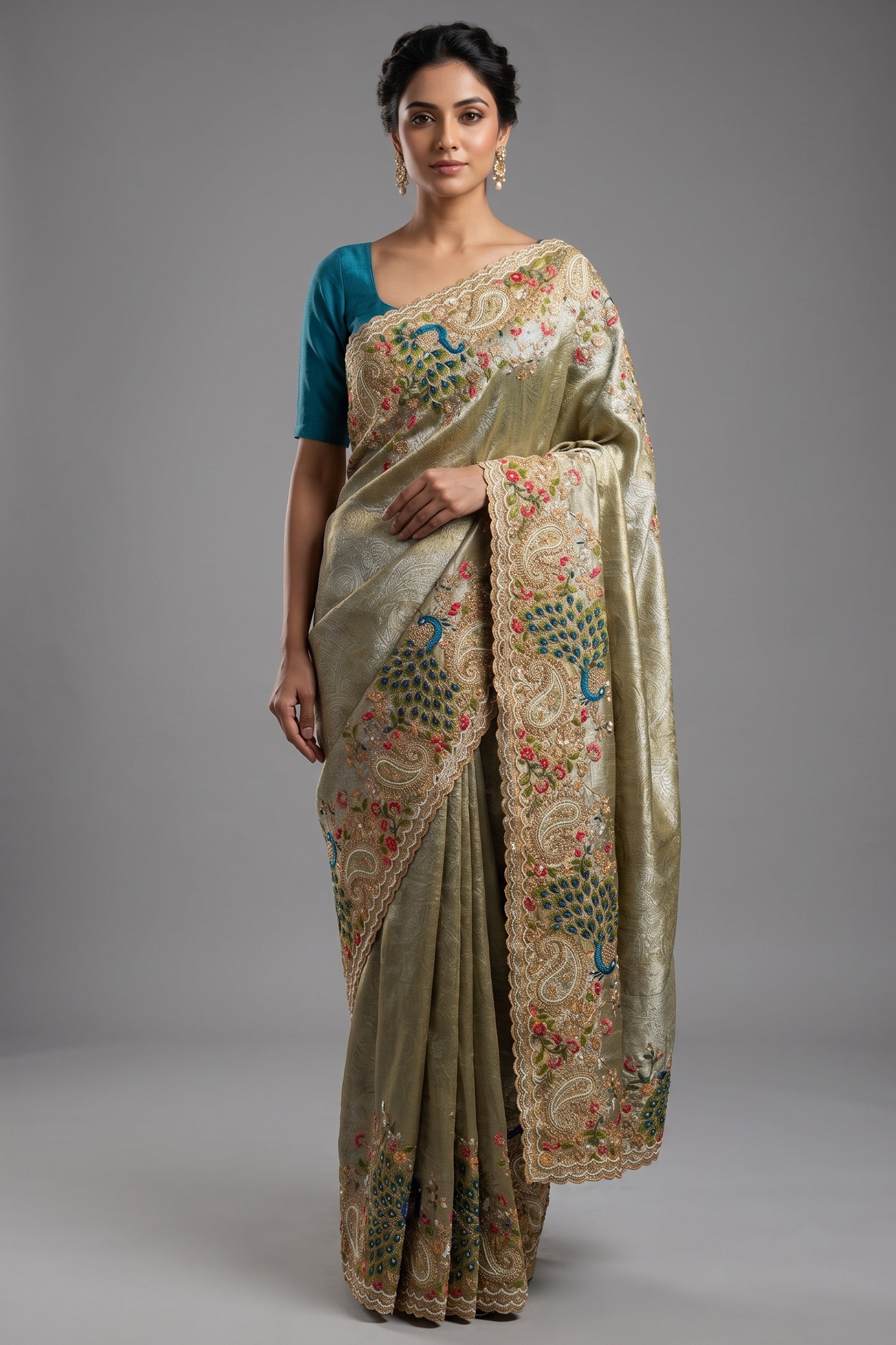 Mint Green Tissue Woven Saree with Handwork Peacock Motif Border