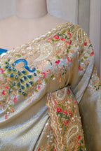 Mint Green Tissue Woven Saree with Handwork Peacock Motif Border