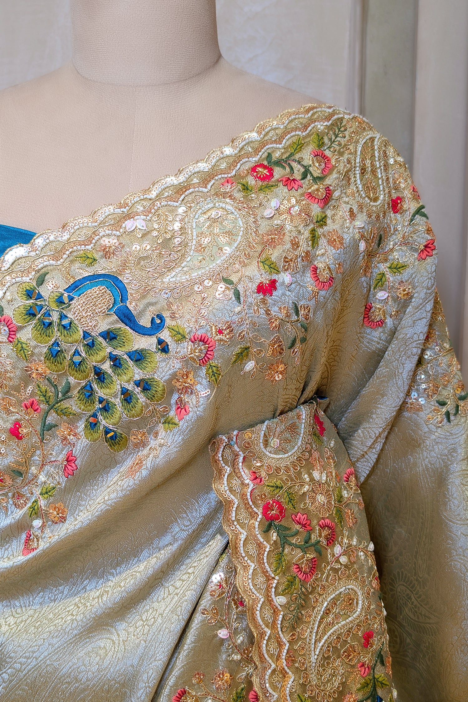 Mint Green Tissue Woven Saree with Handwork Peacock Motif Border