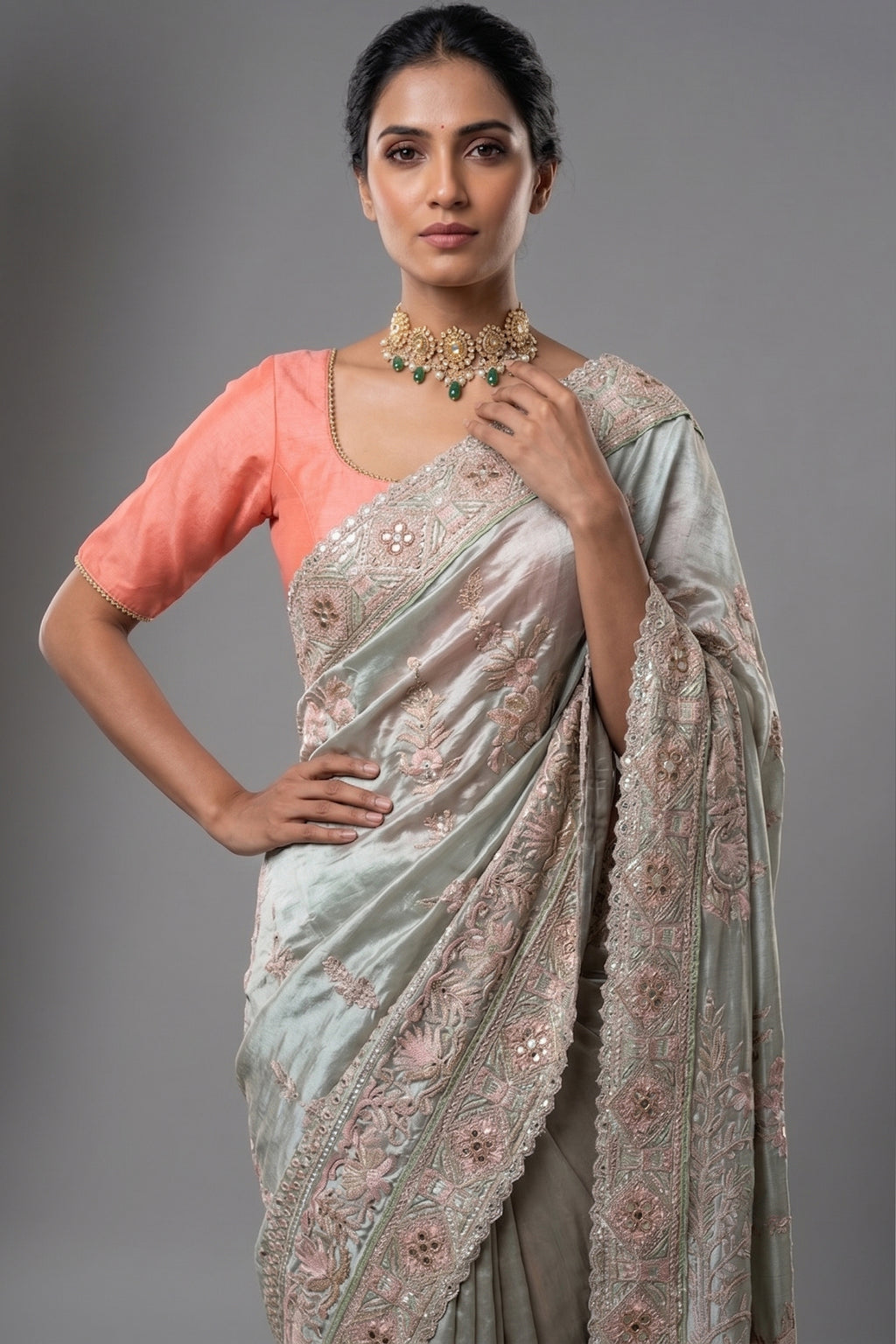 Mint Green Tissue Saree with Designer Pallu