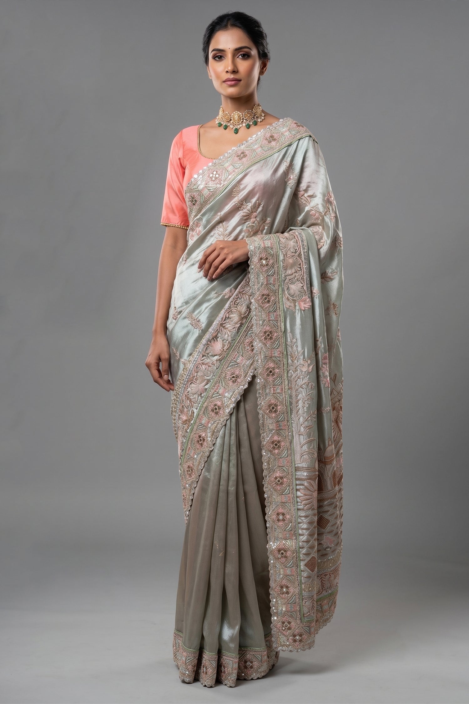 Mint Green Tissue Saree with Designer Pallu