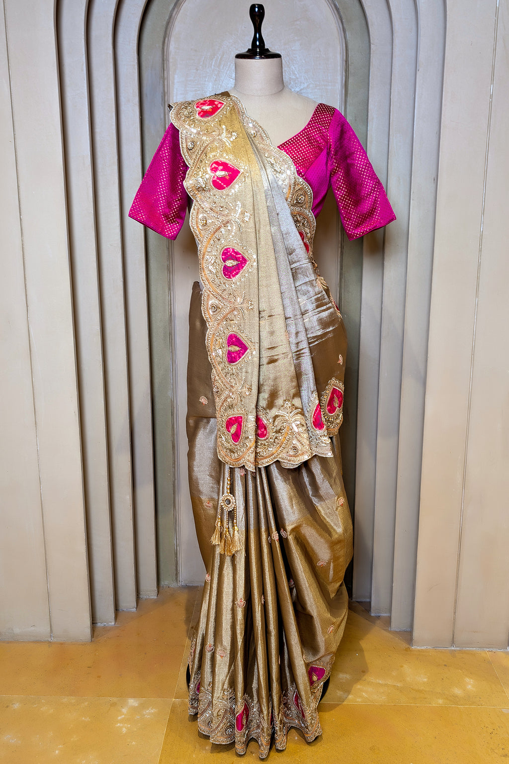 Golden and Silver Tissue Saree with Patola Patch Handwork Scallop Border