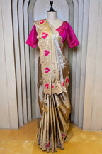 Golden and Silver Tissue Saree with Patola Patch Handwork Scallop Border