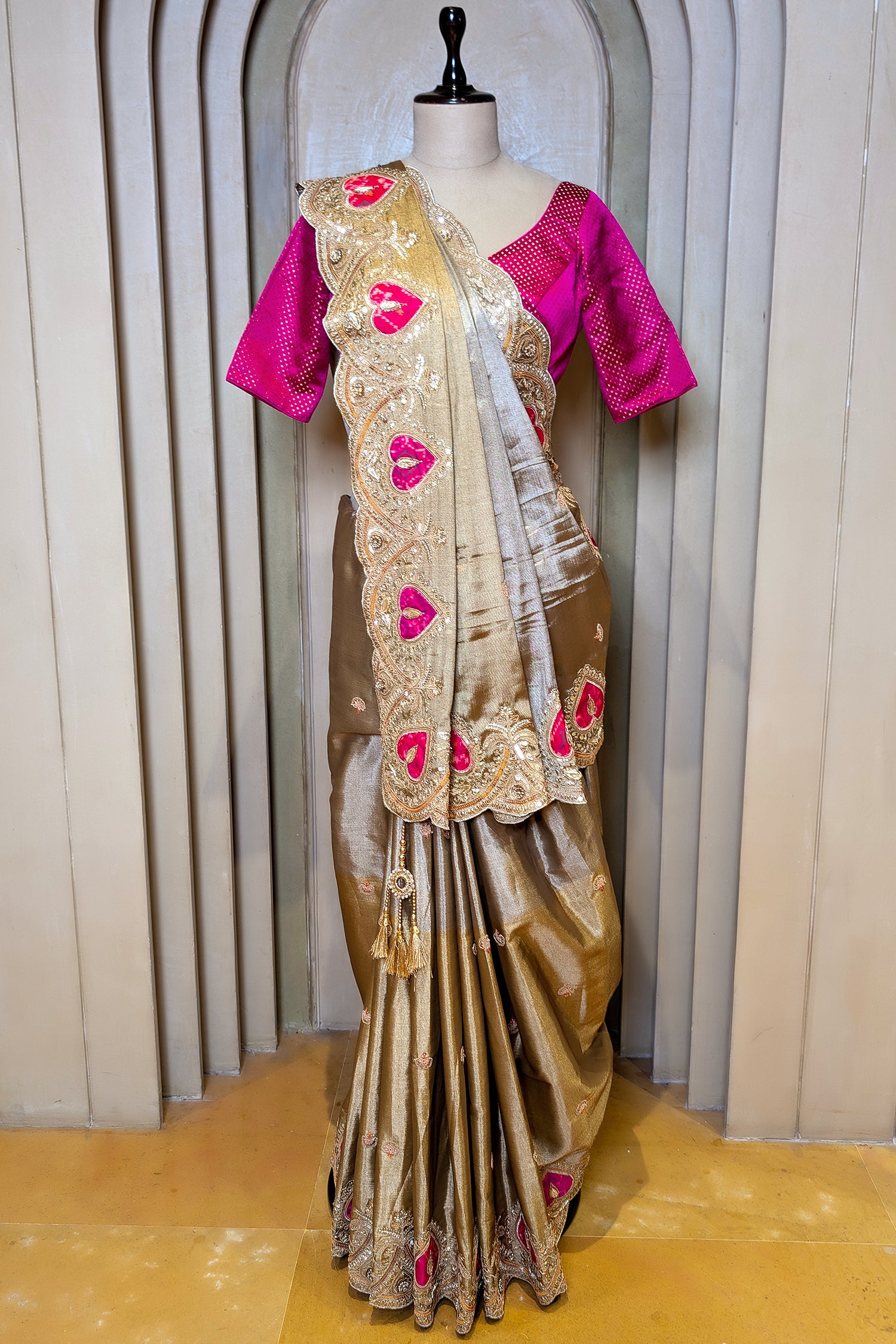 Golden and Silver Tissue Saree with Patola Patch Handwork Scallop Border