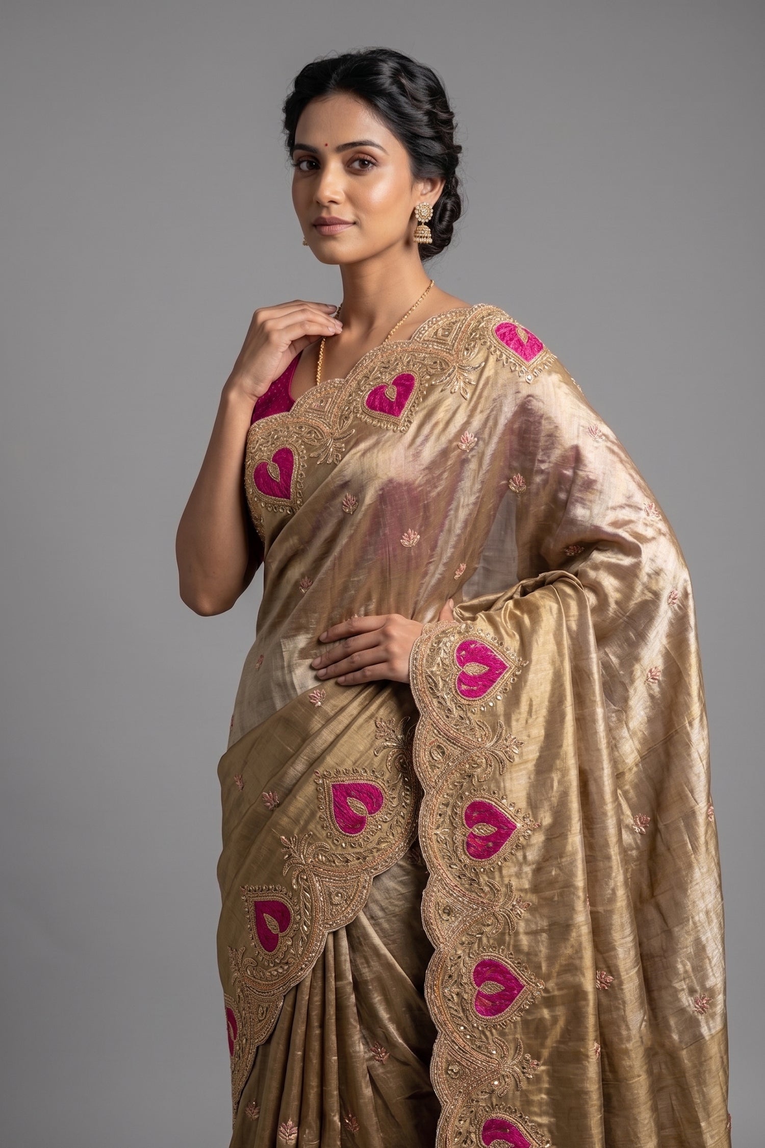 Golden and Silver Tissue Saree with Patola Patch Handwork Scallop Border Secondary image