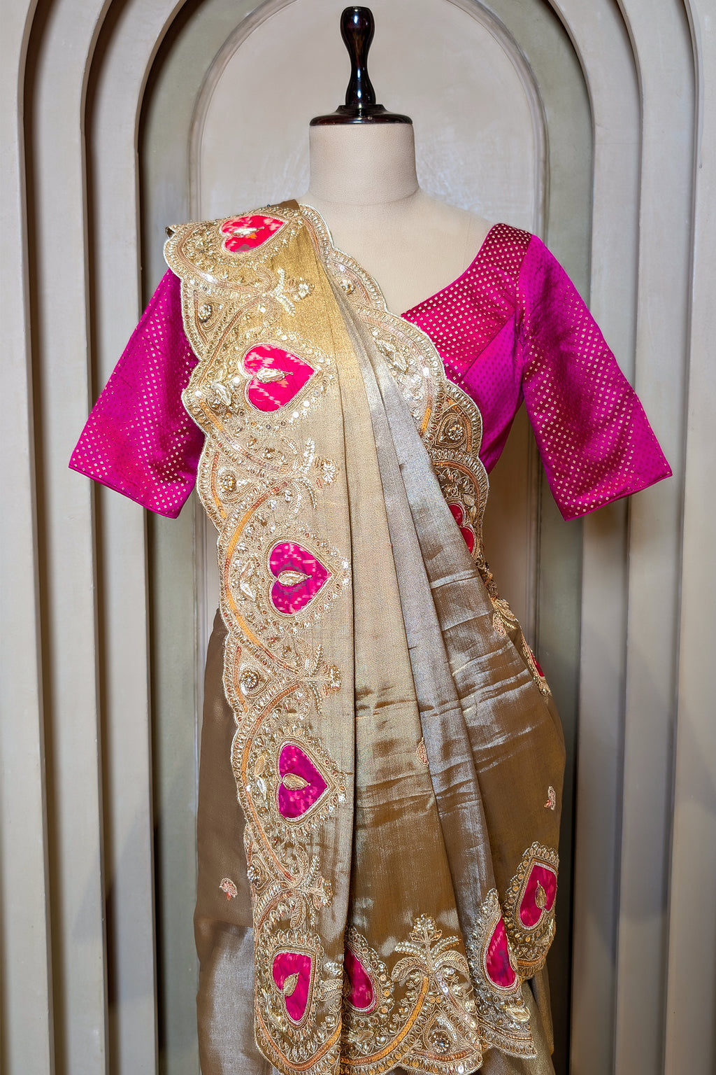 Golden and Silver Tissue Saree with Patola Patch Handwork Scallop Border