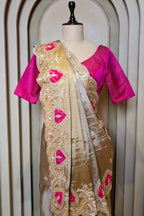 Golden and Silver Tissue Saree with Patola Patch Handwork Scallop Border