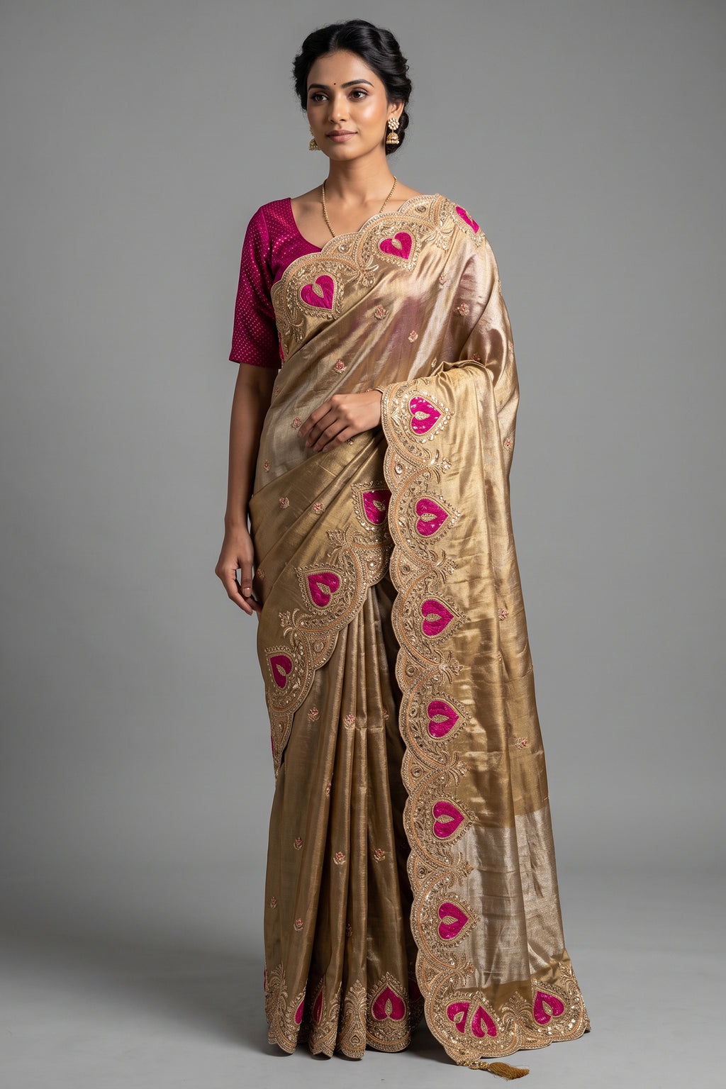 Golden and Silver Tissue Saree with Patola Patch Handwork Scallop Border