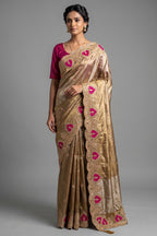 Golden and Silver Tissue Saree with Patola Patch Handwork Scallop Border