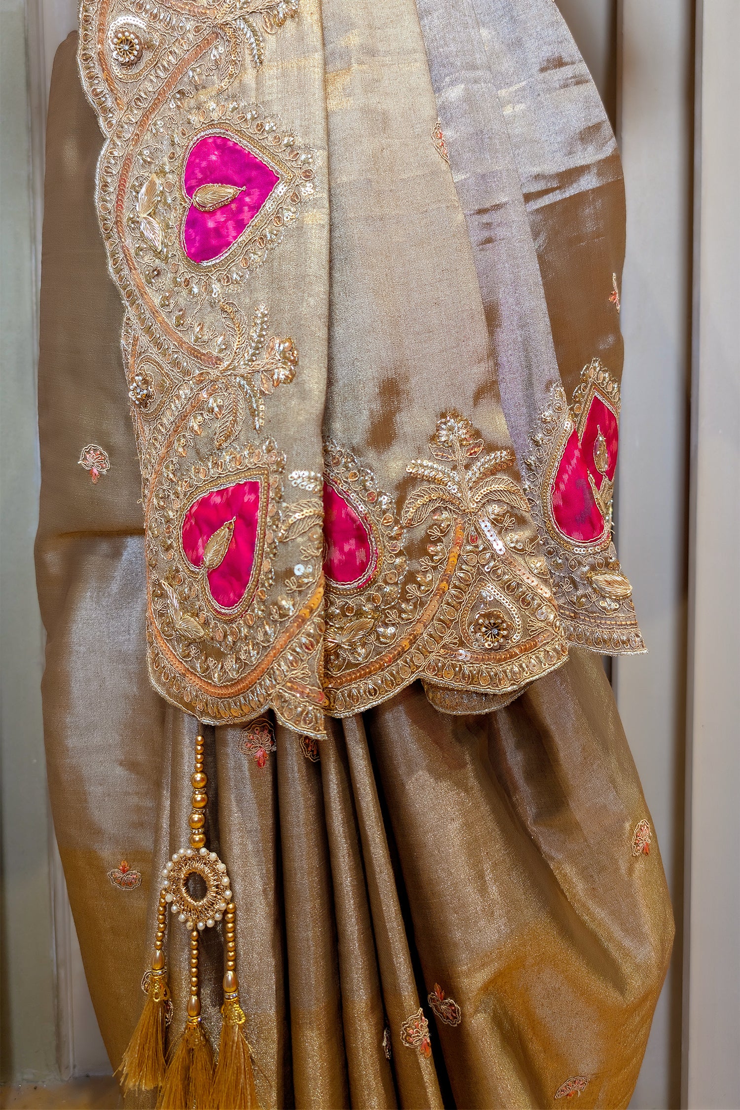 Golden and Silver Tissue Saree with Patola Patch Handwork Scallop Border