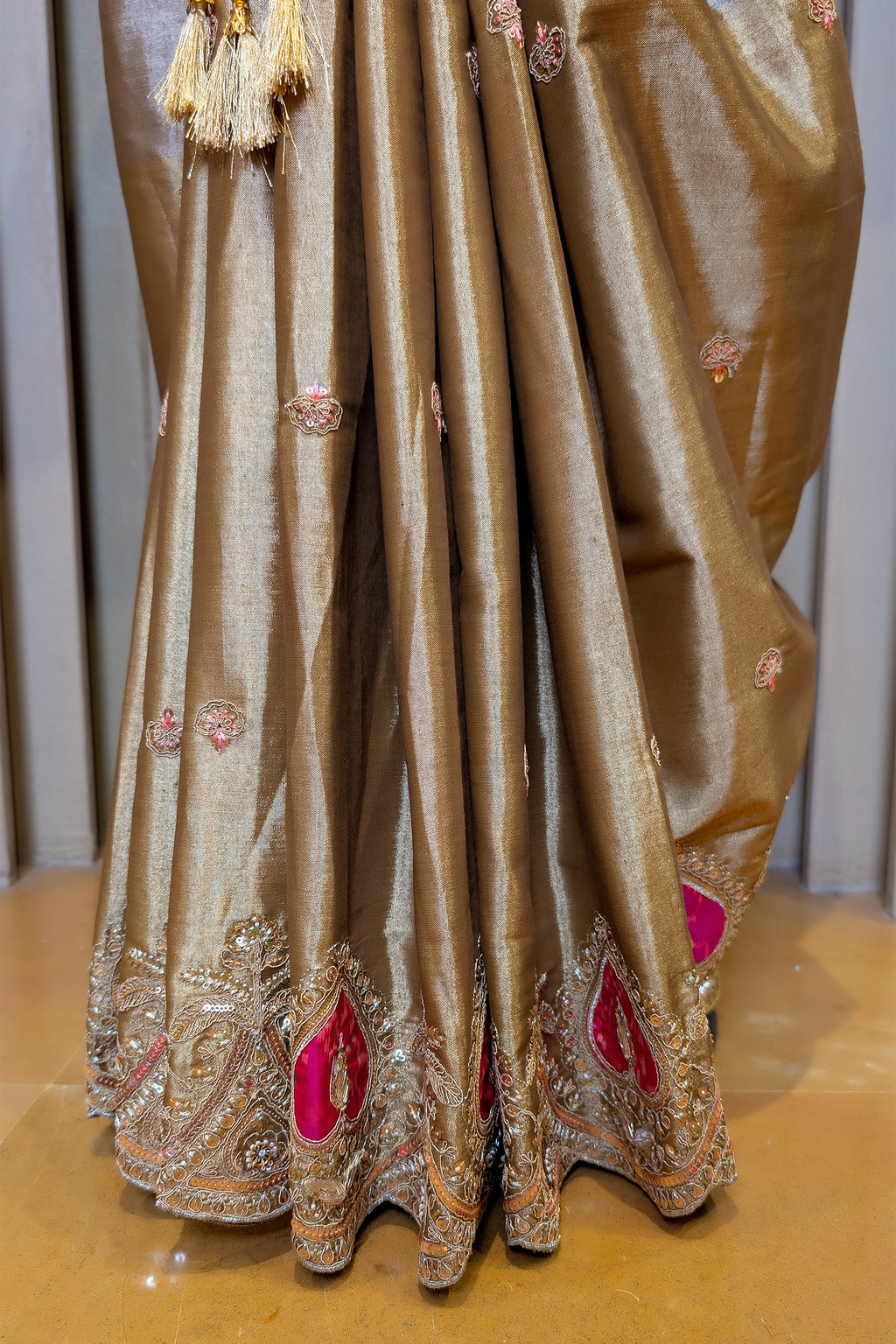 Golden and Silver Tissue Saree with Patola Patch Handwork Scallop Border