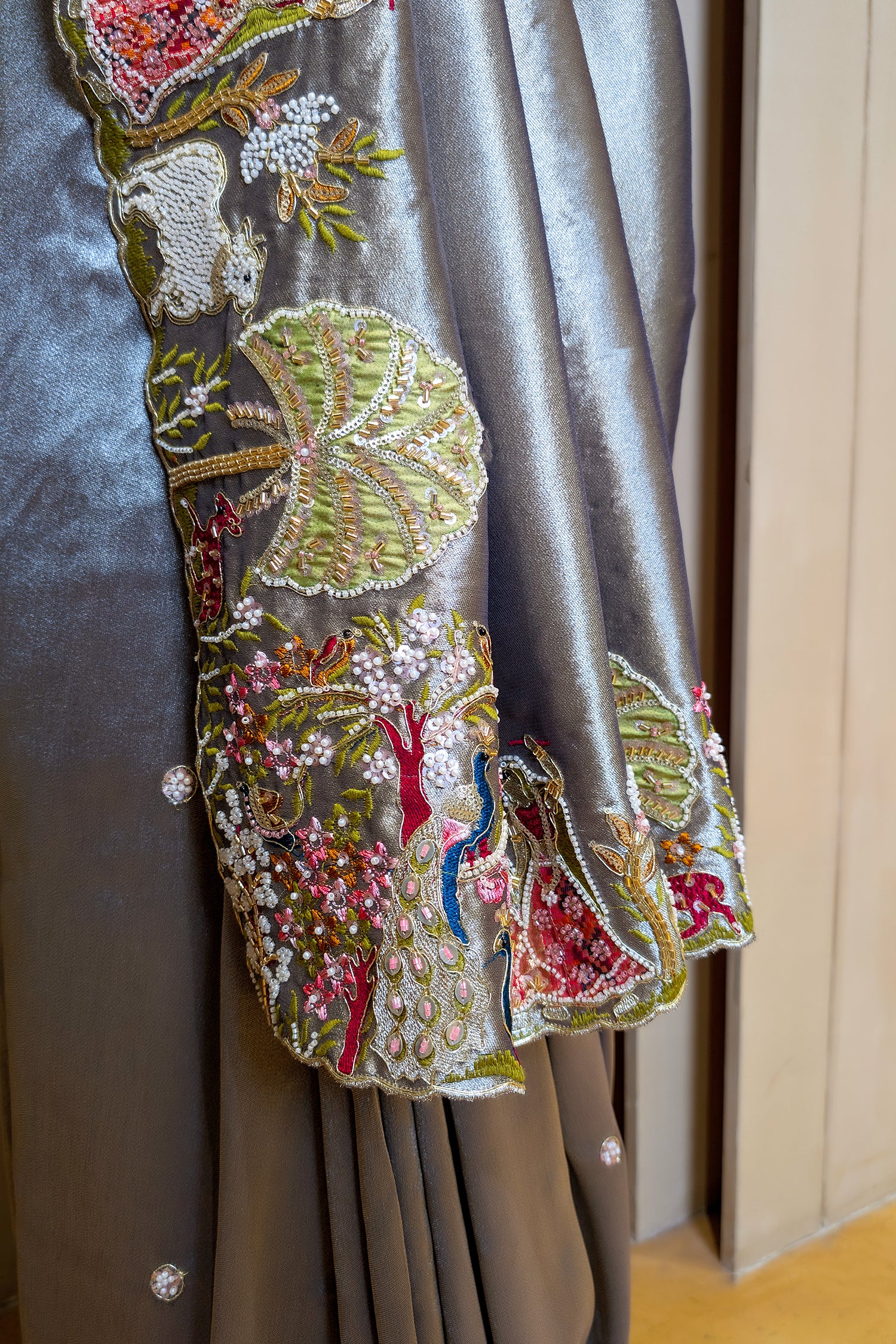 Grey Tissue Saree with Handwork Patch Border
