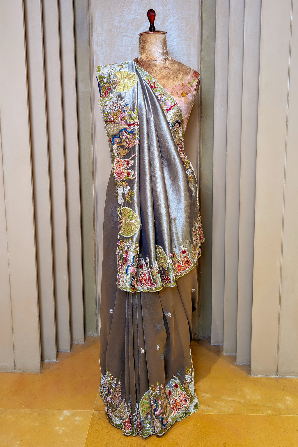 Grey Tissue Saree with Handwork Patch Border