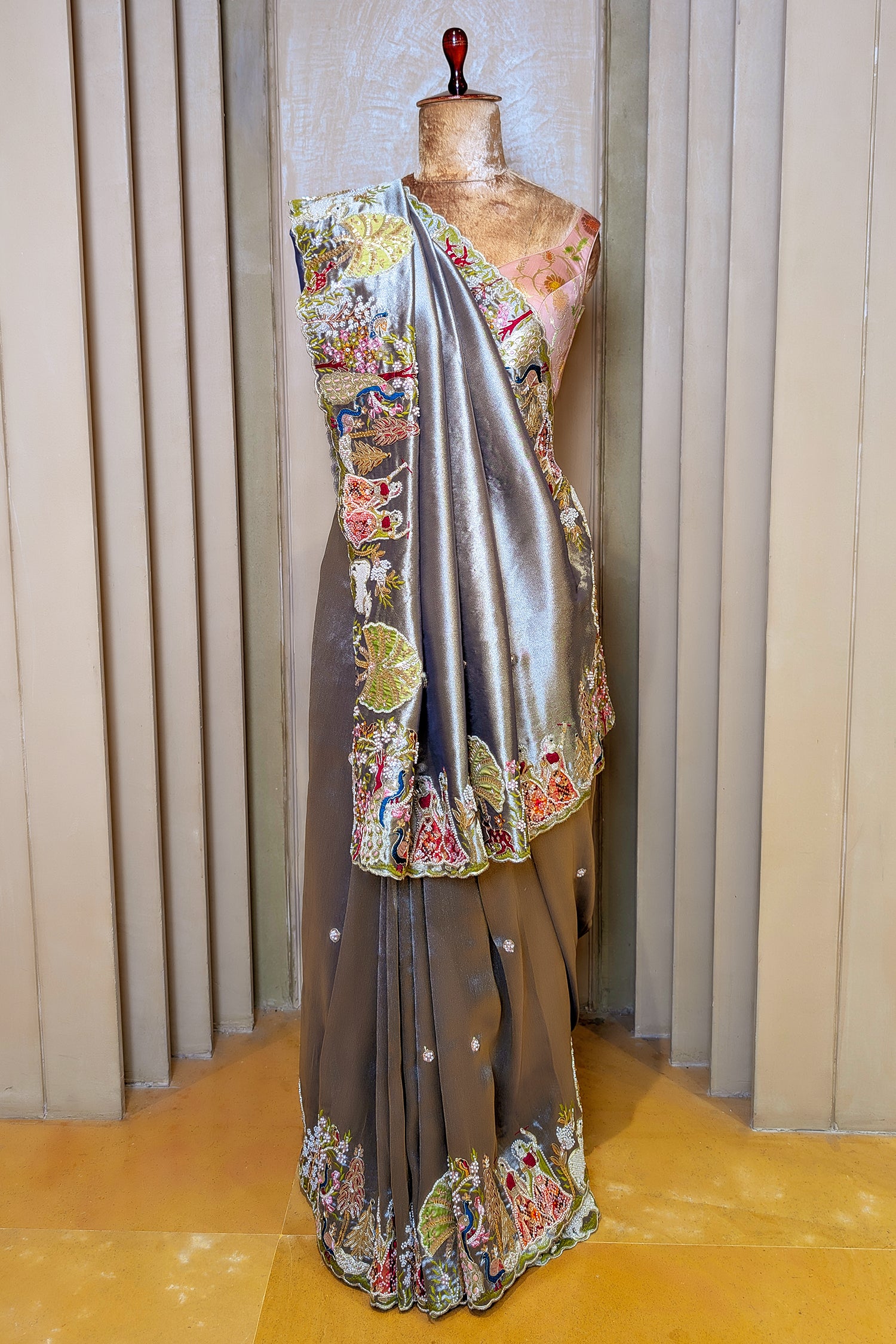 Grey Tissue Saree with Handwork Patch Border
