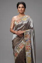 Grey Tissue Saree with Handwork Patch Border