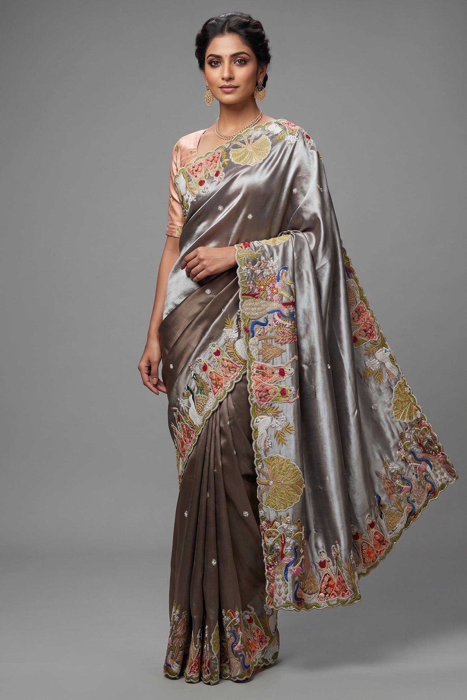 Grey Tissue Saree with Handwork Patch Border