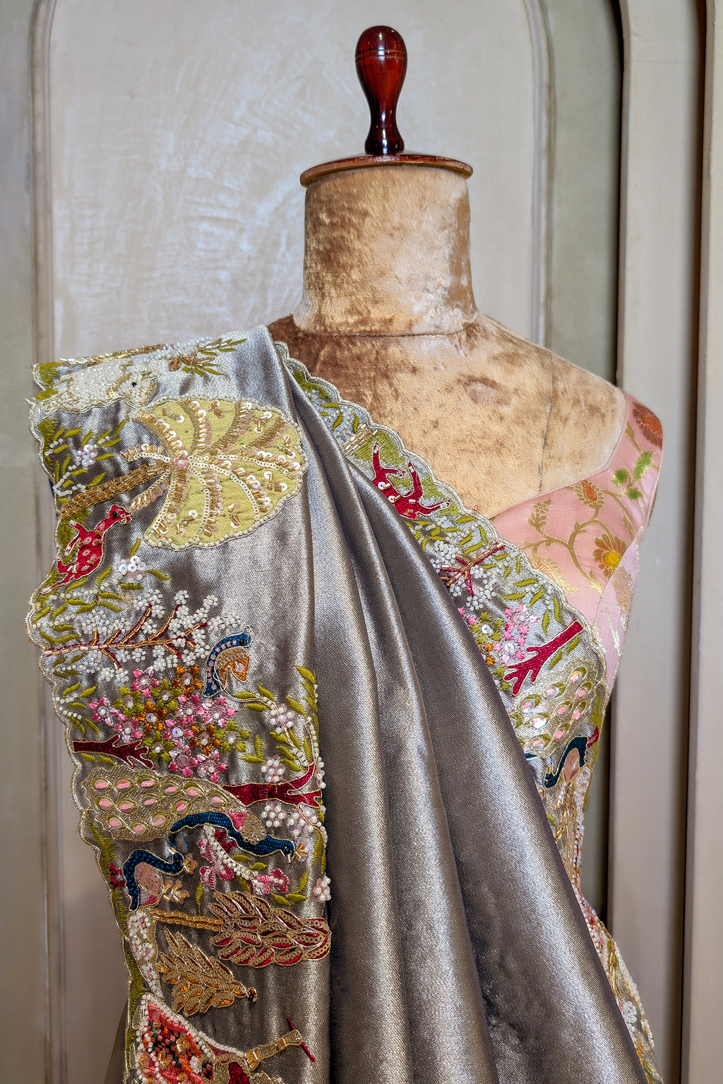 Grey Tissue Saree with Handwork Patch Border