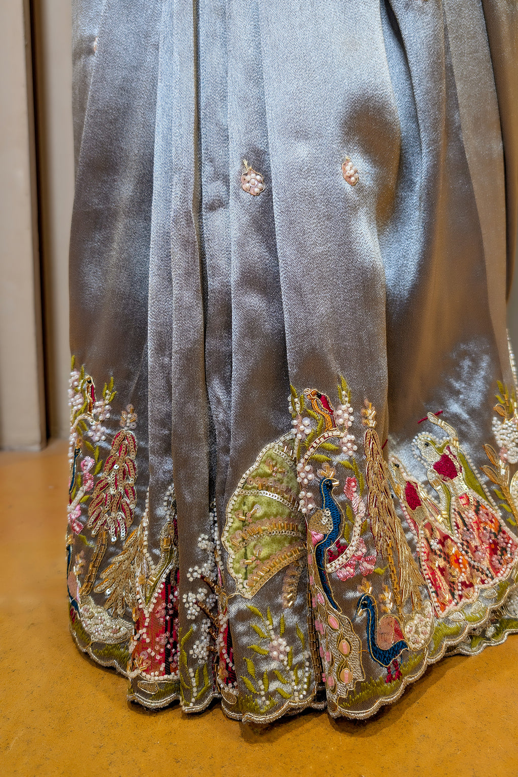 Grey Tissue Saree with Handwork Patch Border