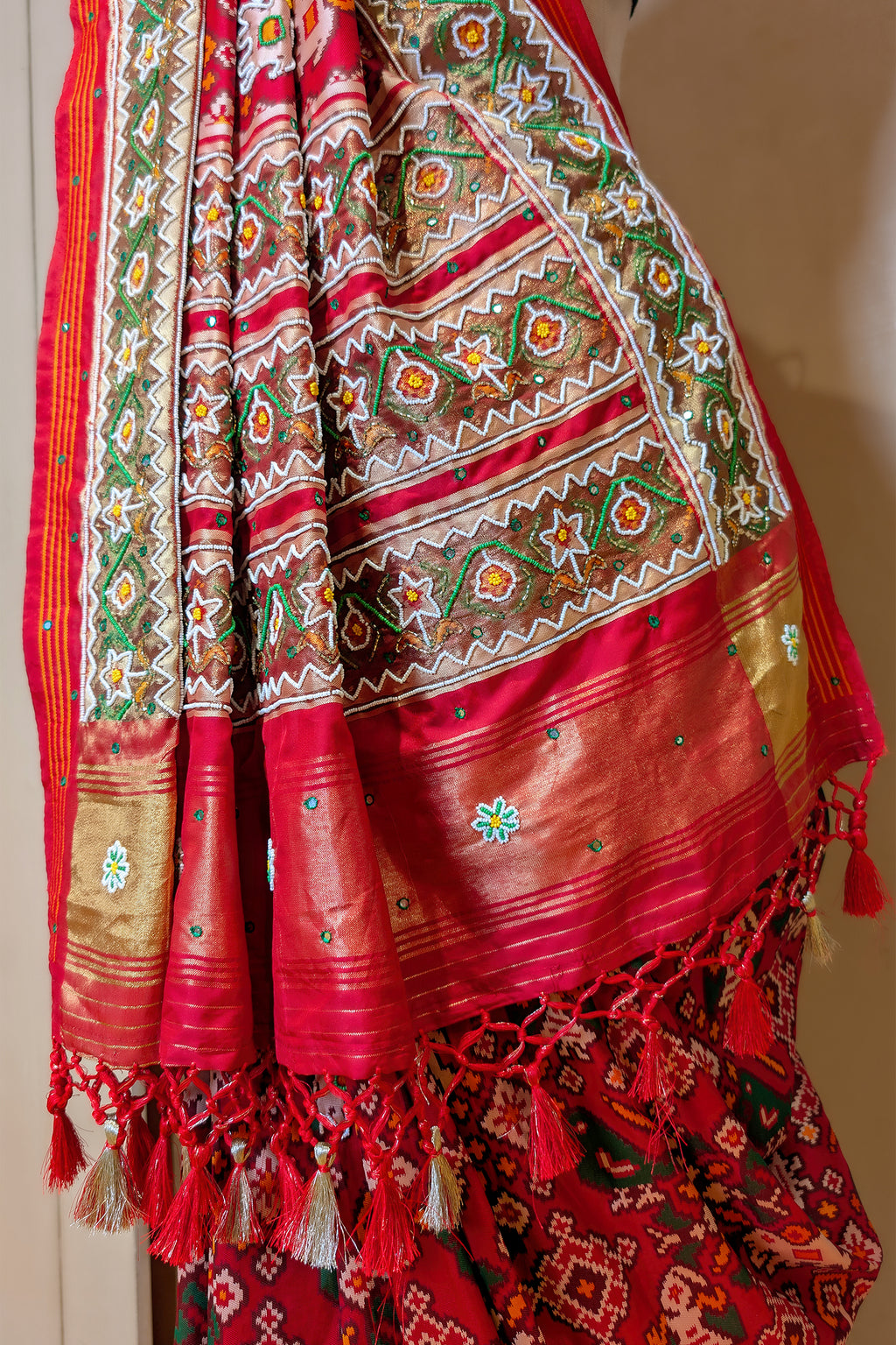 Red Silk Traditional Patola Saree with Handwork
