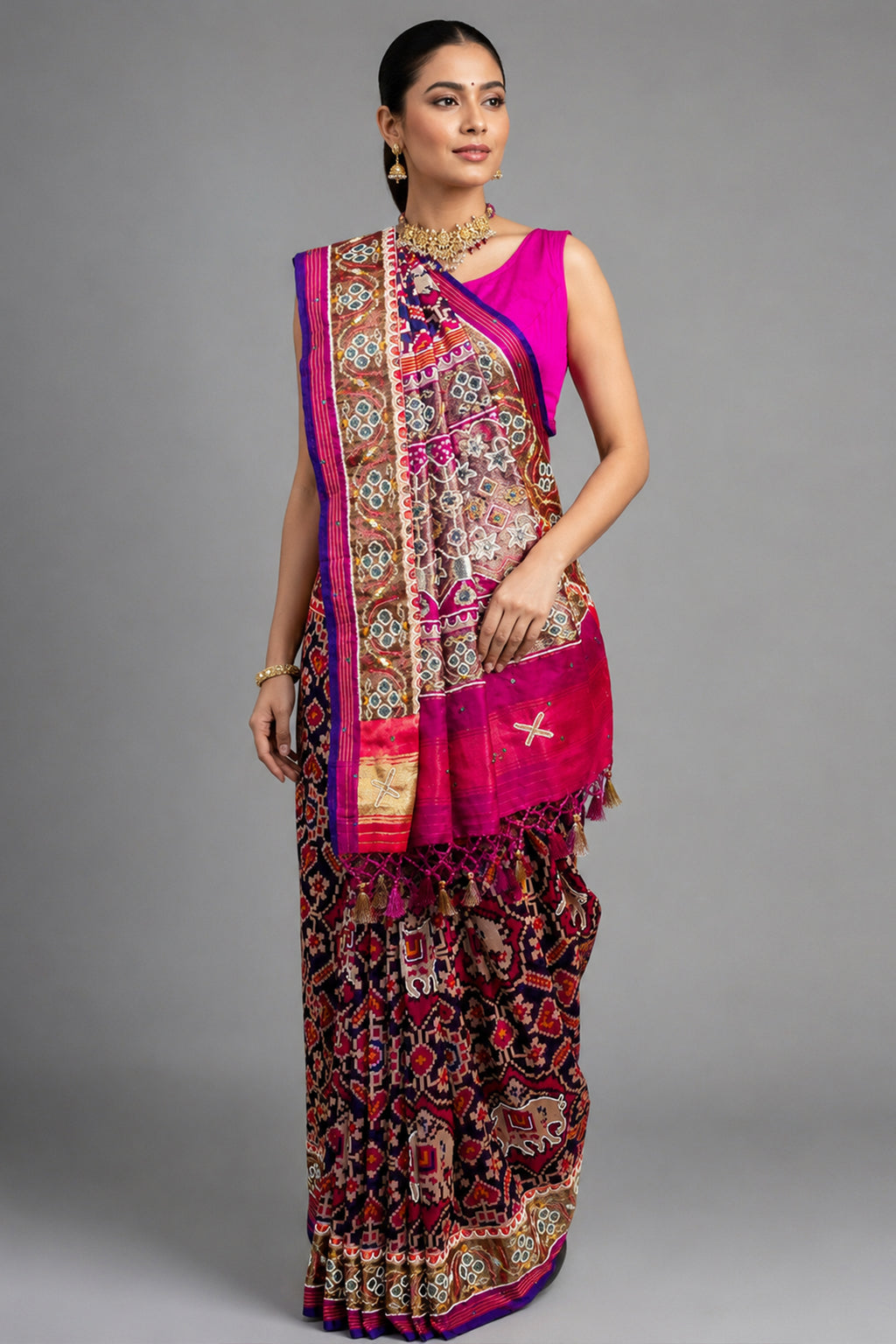 Purple Silk Traditional Patola Saree with Beads Work