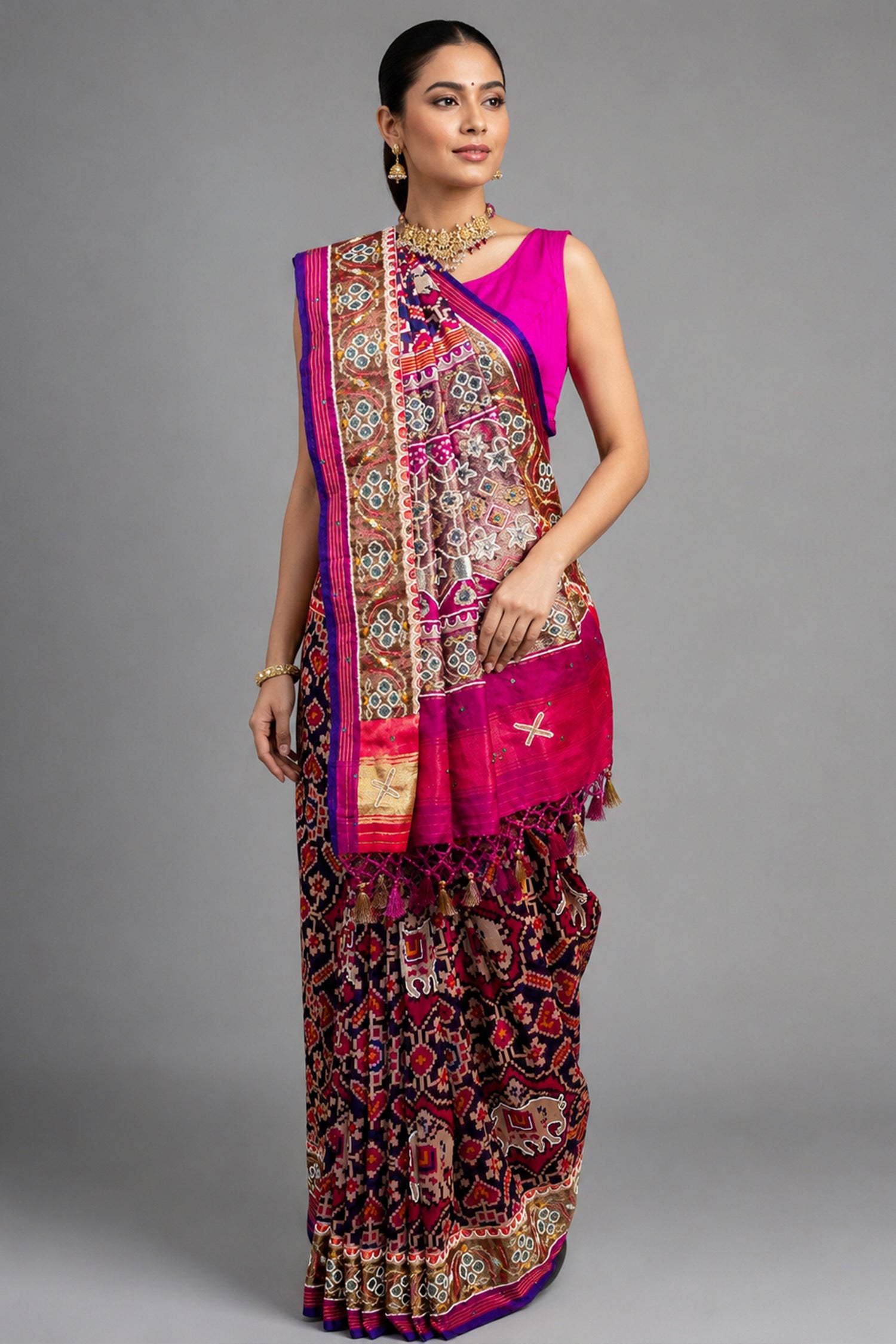 Purple Silk Traditional Patola Saree with Beads Work
