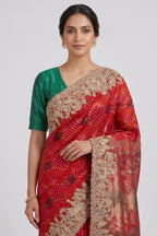 Red Georgette Bandhej Saree with Embroidery and Sequins Work