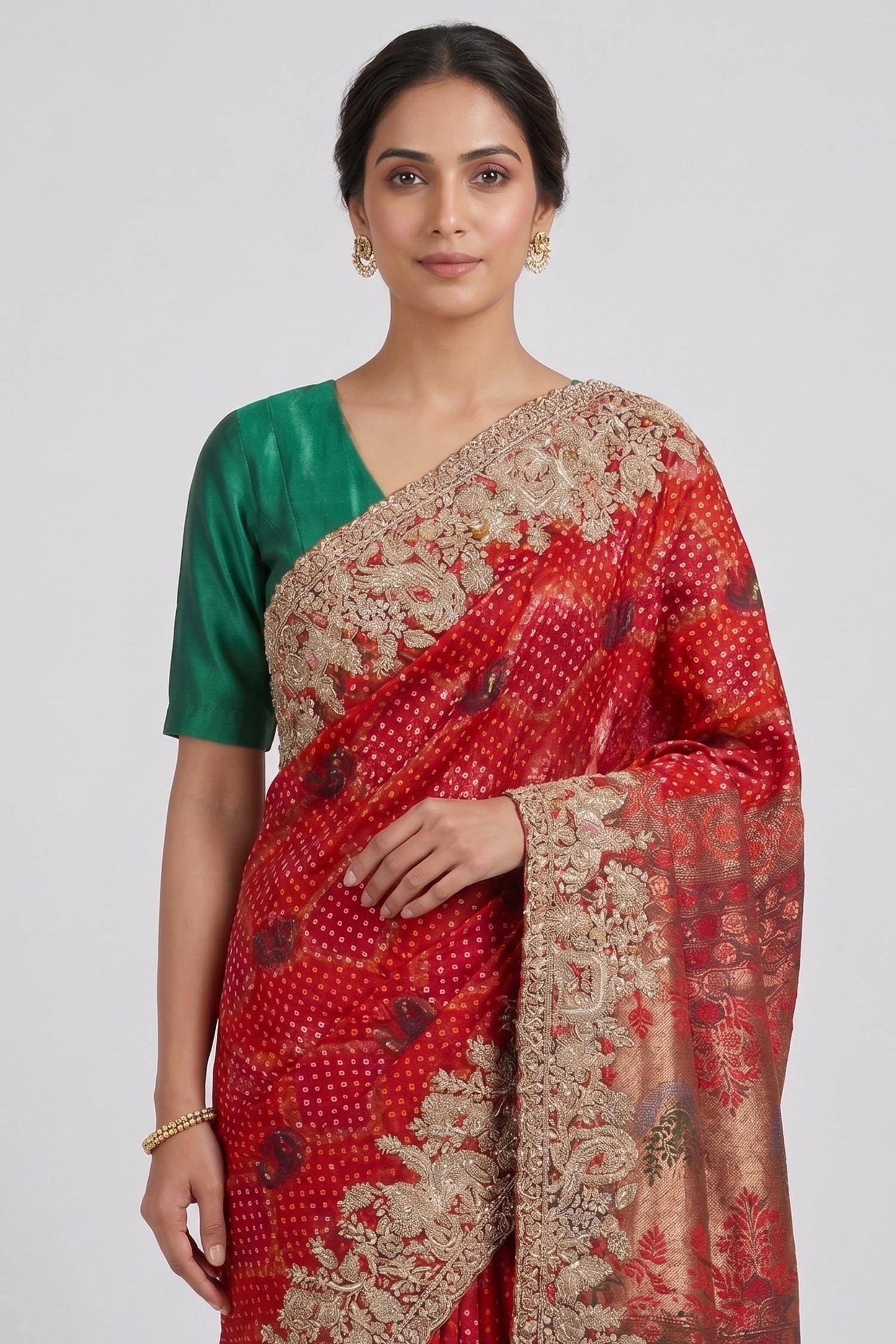 Red Georgette Bandhej Saree with Embroidery and Sequins Work